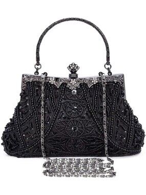 Women's Black Beaded Vintage Rhinestone Bridal Clutch Formal Purse Evening Bag
